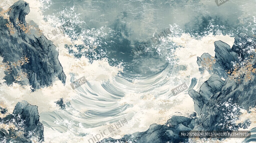 水墨海浪拍击嶙峋礁石