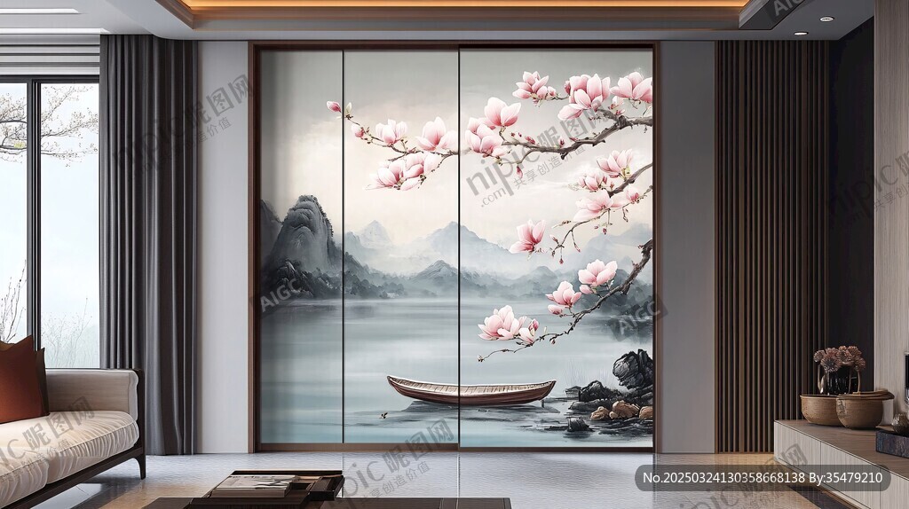 中式客厅玉兰花山水背景墙