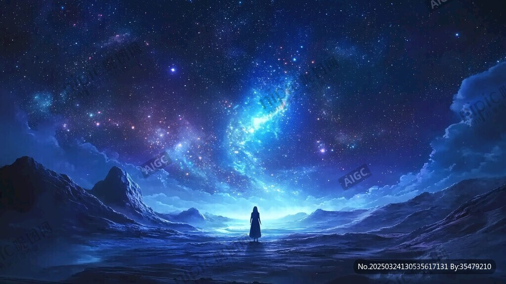 梦幻星空下的孤独身影