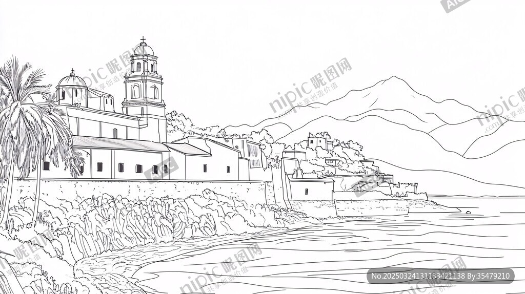 海边小镇建筑线稿风景