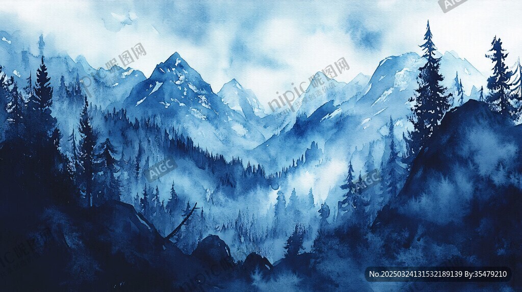 梦幻蓝调山林迷雾景致