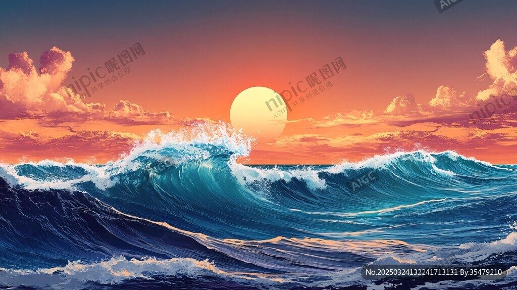 海上落日 浪潮与霞光之景