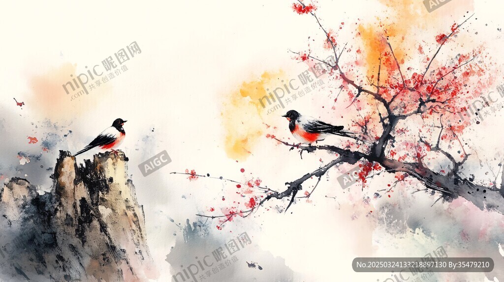 双鸟栖枝绘中式诗意图景