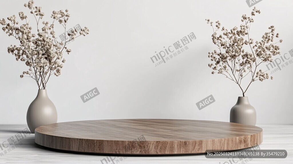简约木质圆台与花瓶摆件