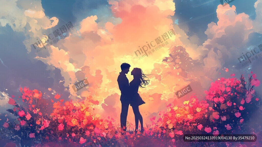 浪漫情侣在花海中甜蜜相拥