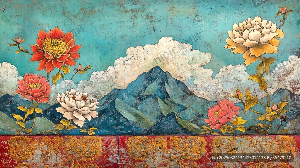 复古风花卉山峦艺术画作