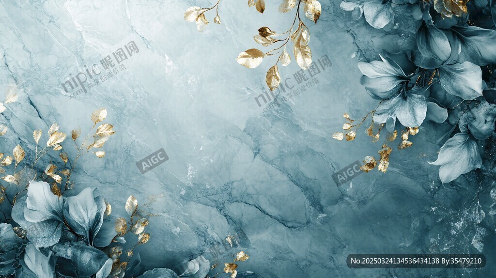 蓝金花卉大理石纹理背景