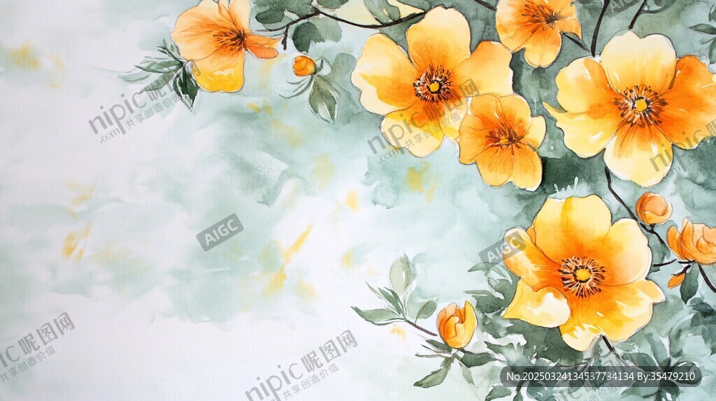 水墨风黄色花卉优雅画面