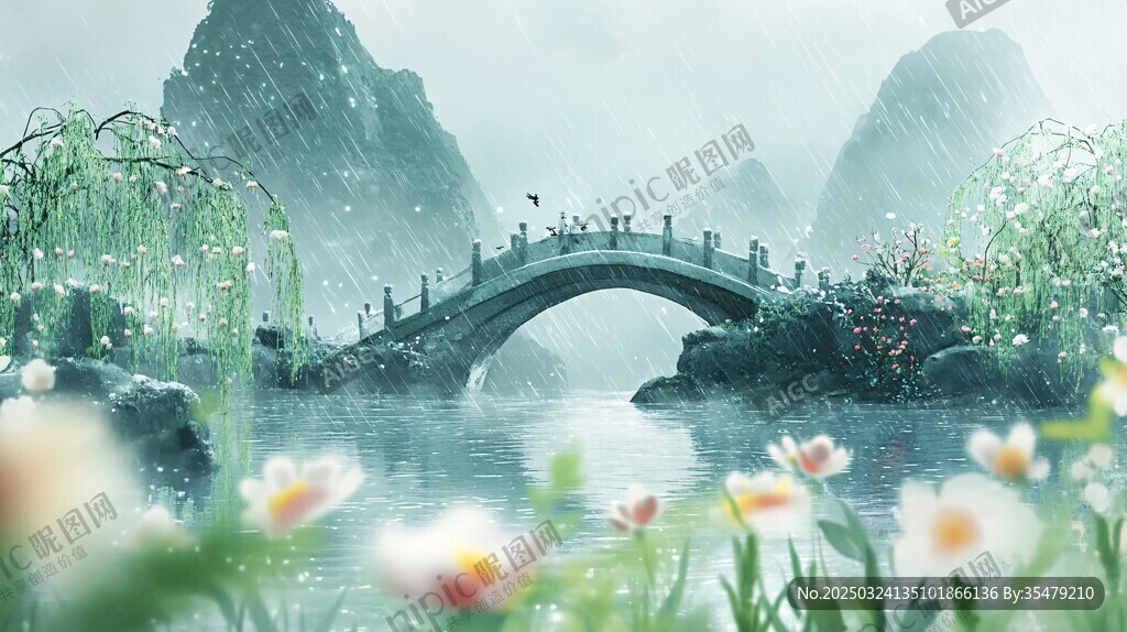 水墨山水间的诗意石桥