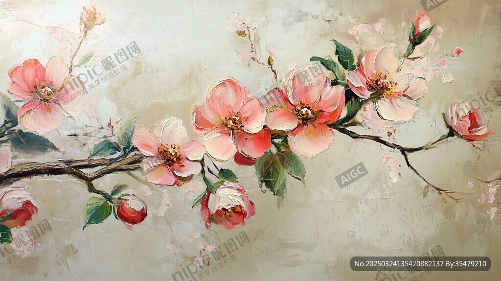 手绘唯美粉色花卉枝头图