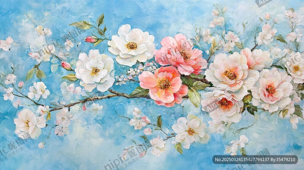 梦幻蓝底绽放的绚烂花朵