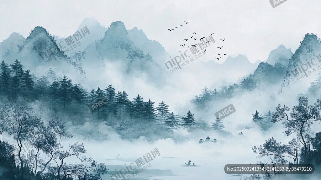 水墨山水间 飞鸟伴行舟