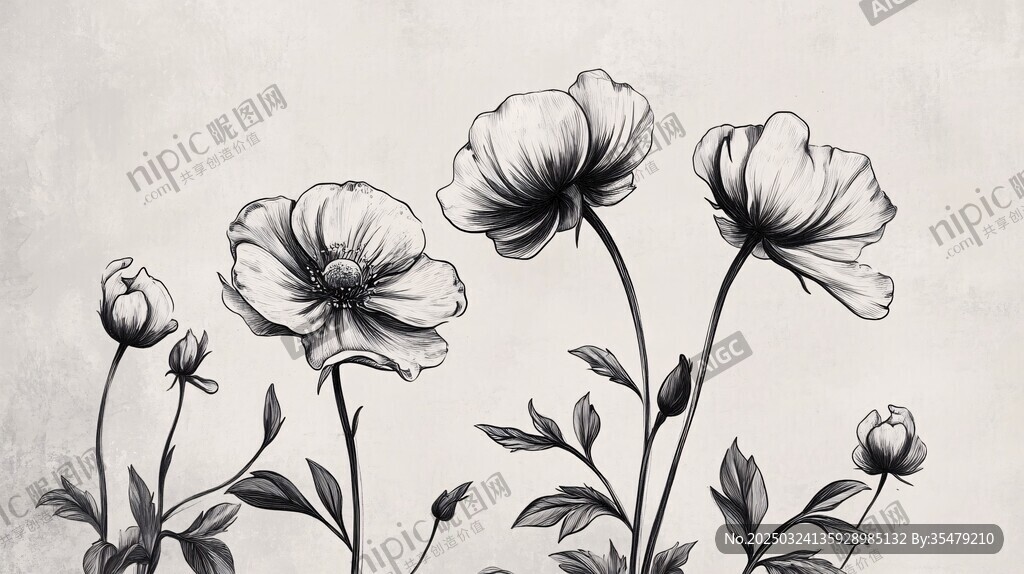 黑白花卉插画 优雅花朵