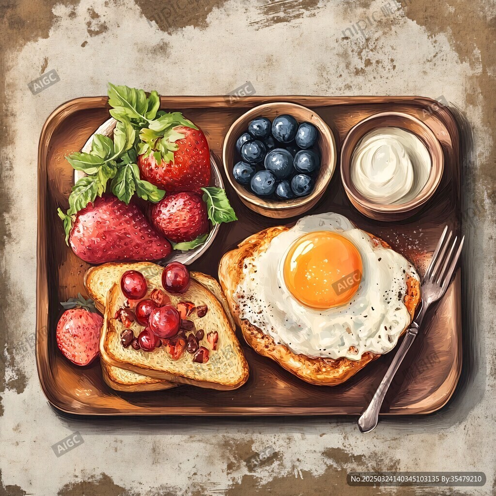 丰盛早餐托盘美食插画