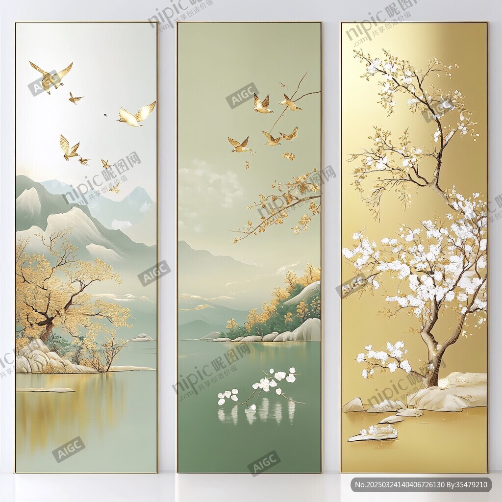 三联山水花鸟中式装饰画