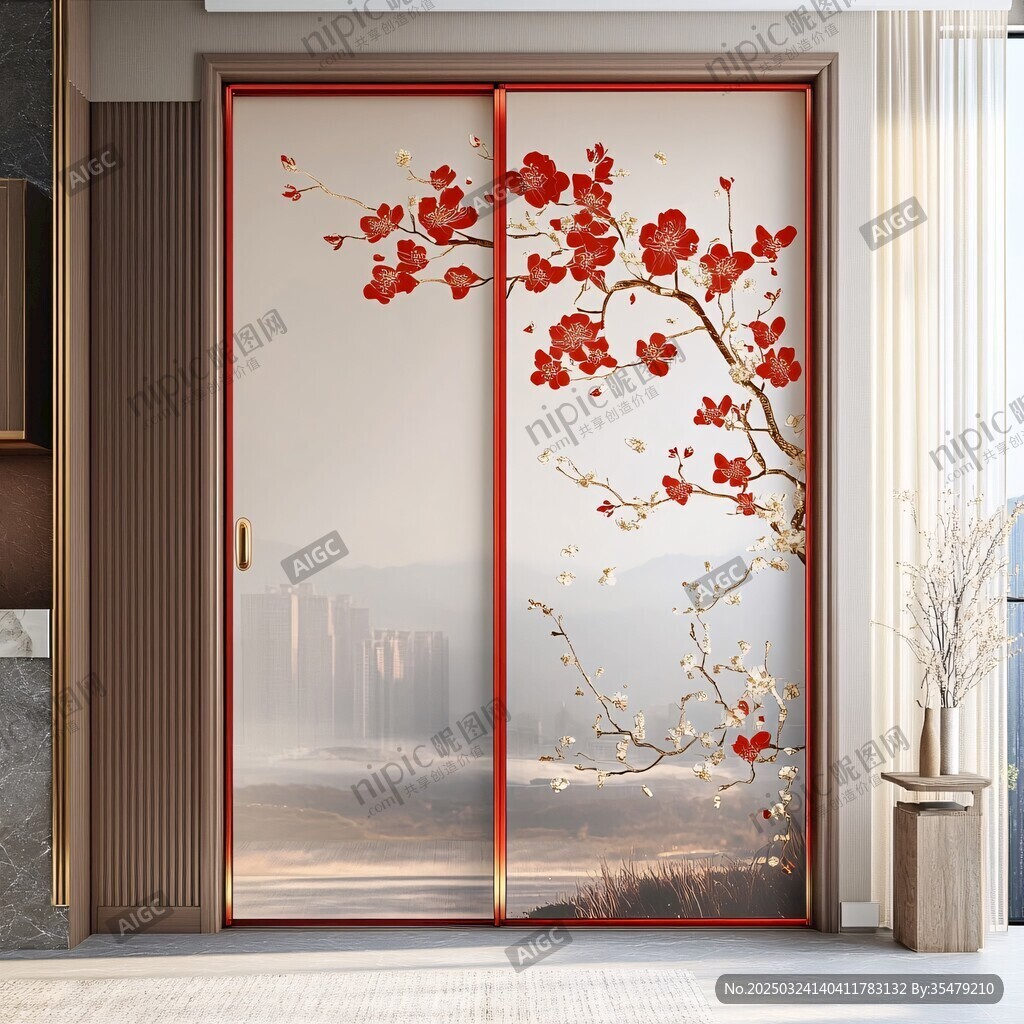 中式梅花图案玻璃推拉门