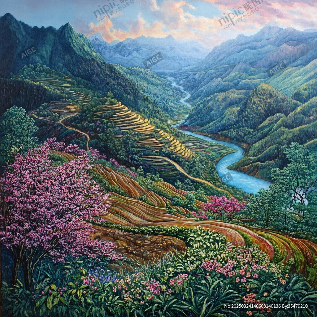 山间梯田美景 溪流伴繁花