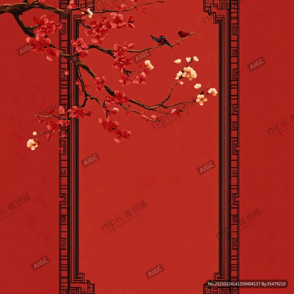 中式红墙下的繁花与飞鸟