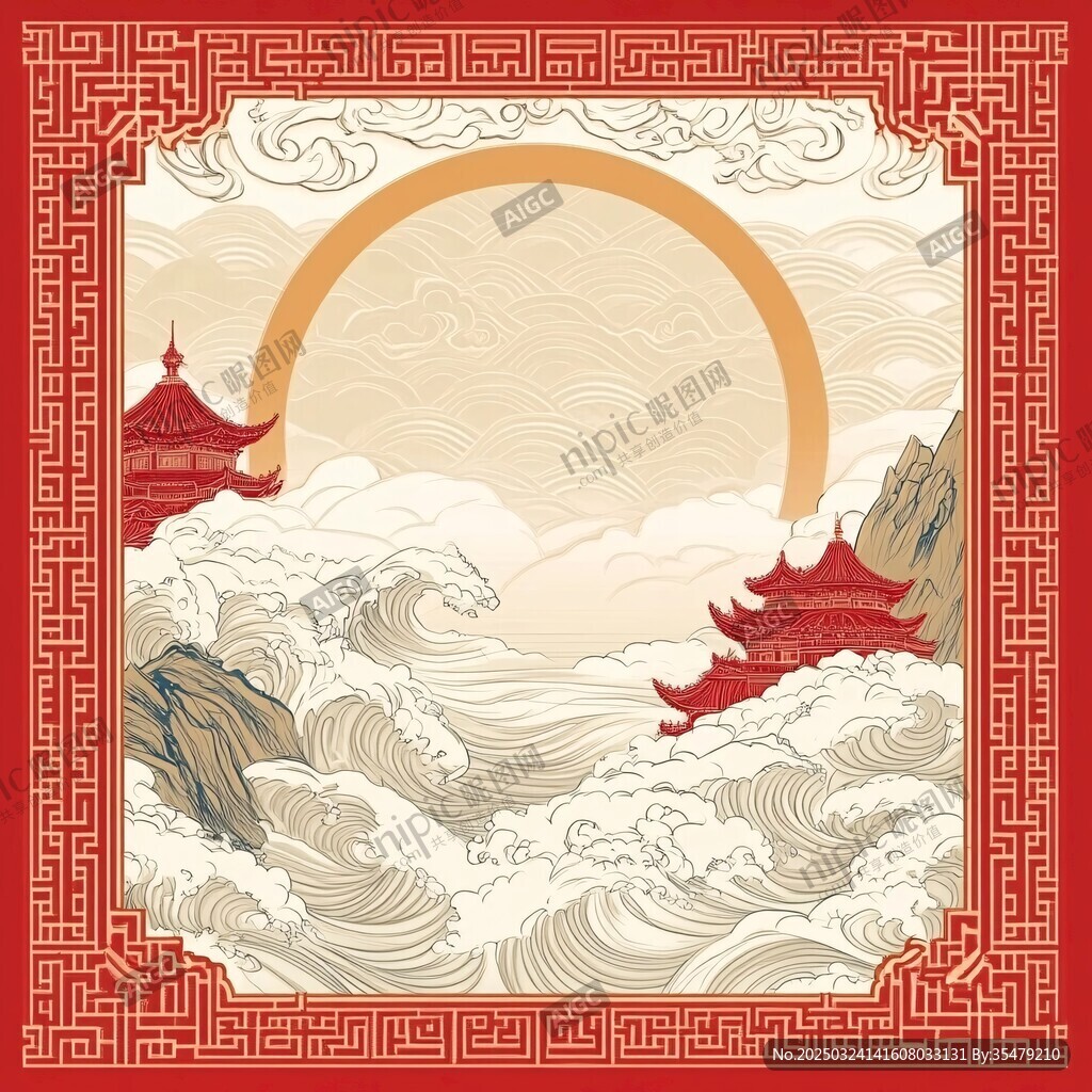中式海浪楼阁古风插画