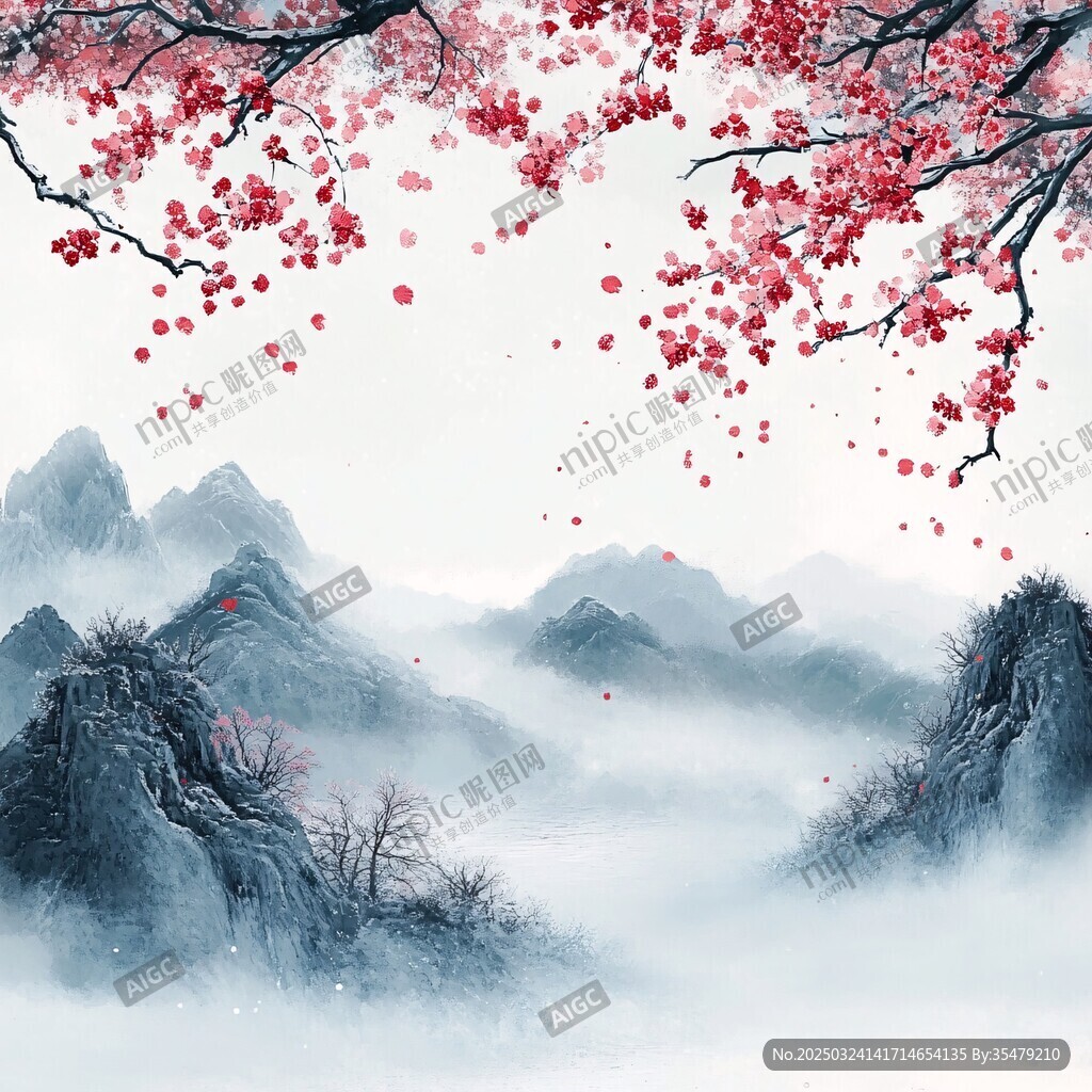 红梅映山峦 诗意山水景