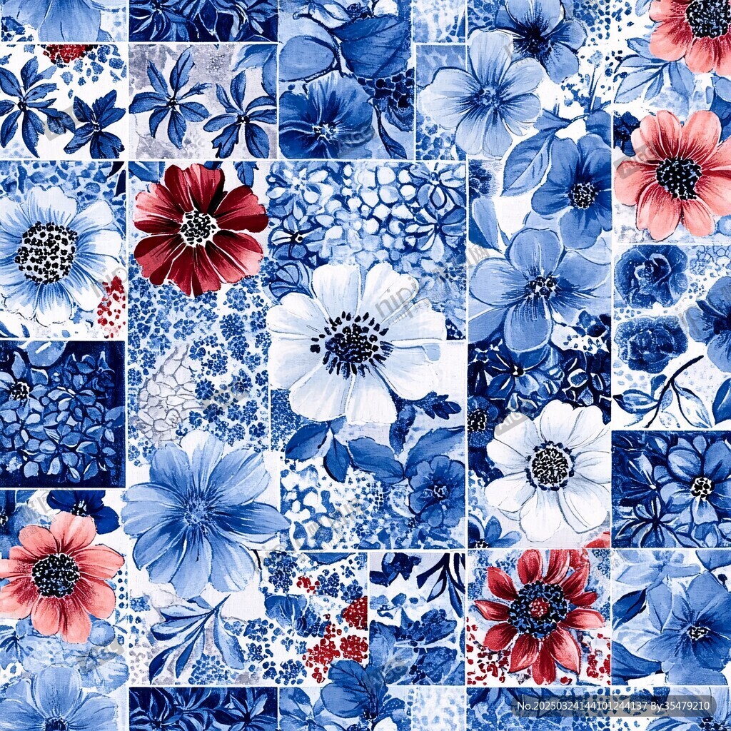 蓝白花卉拼接图案