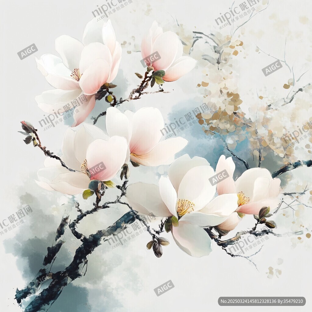 水墨玉兰花枝优雅绽放
