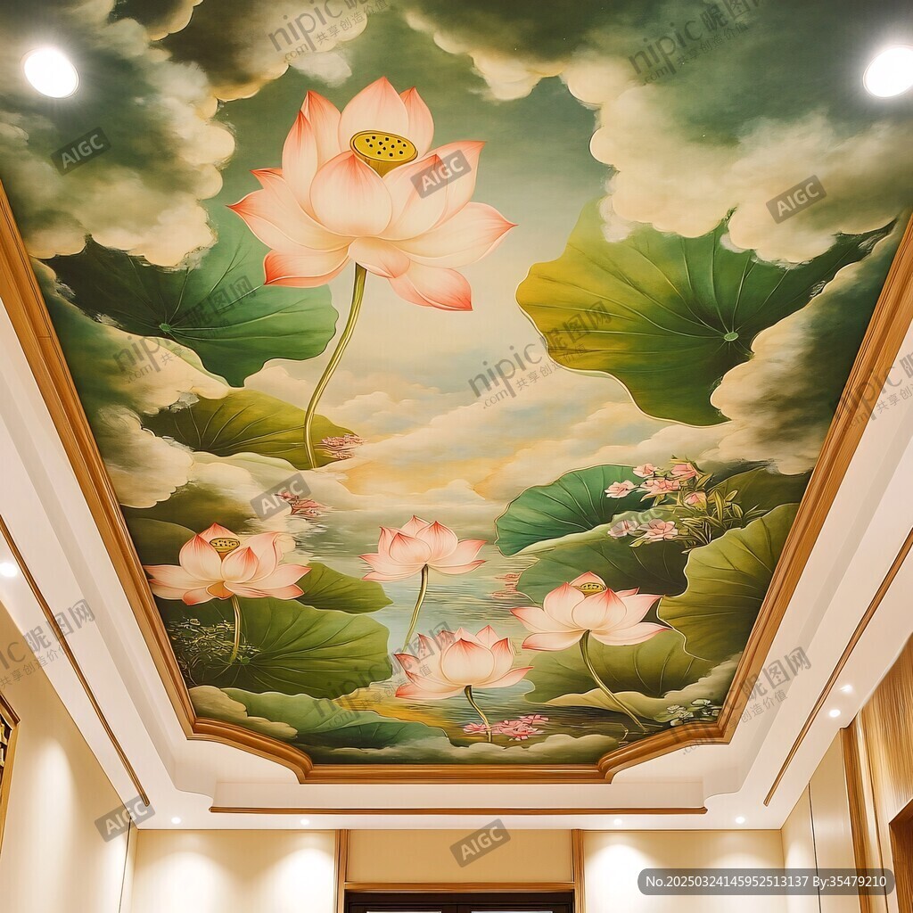 天花板上的绝美荷花壁画