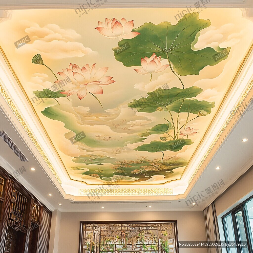 中式天花板上的荷花壁画