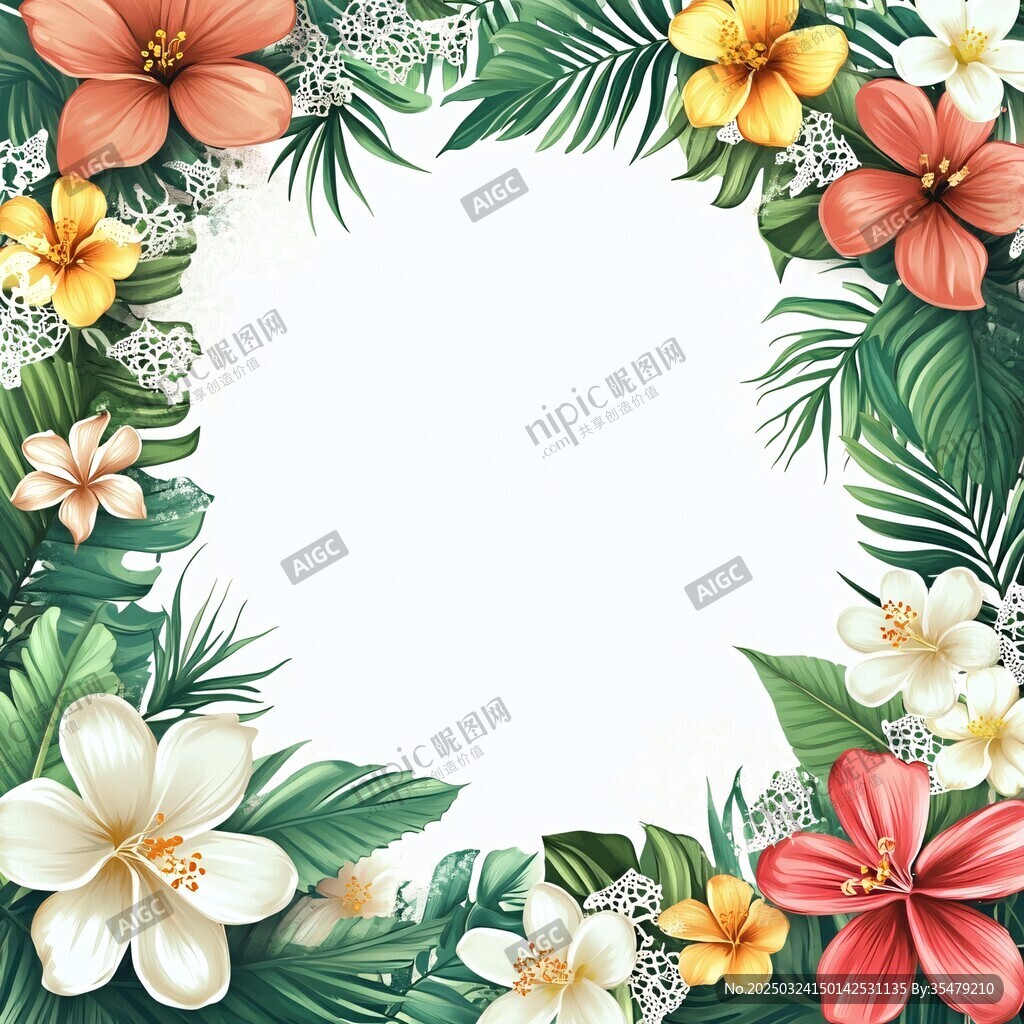 热带花卉环绕的清新边框