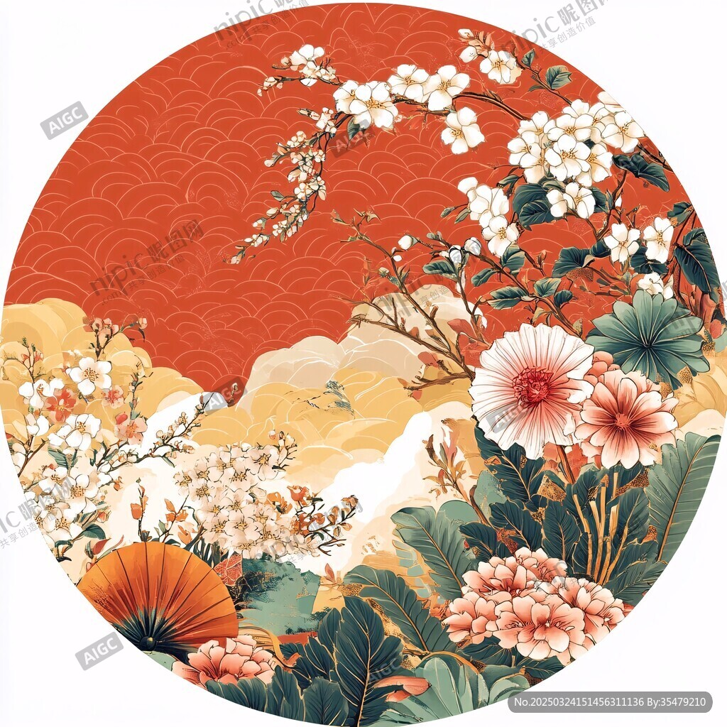 中式花鸟圆形国风插画