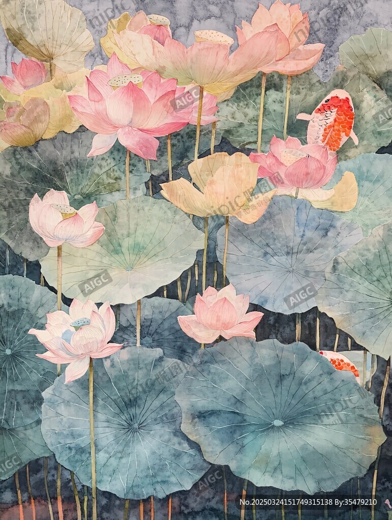 水墨荷花锦鲤唯美画作