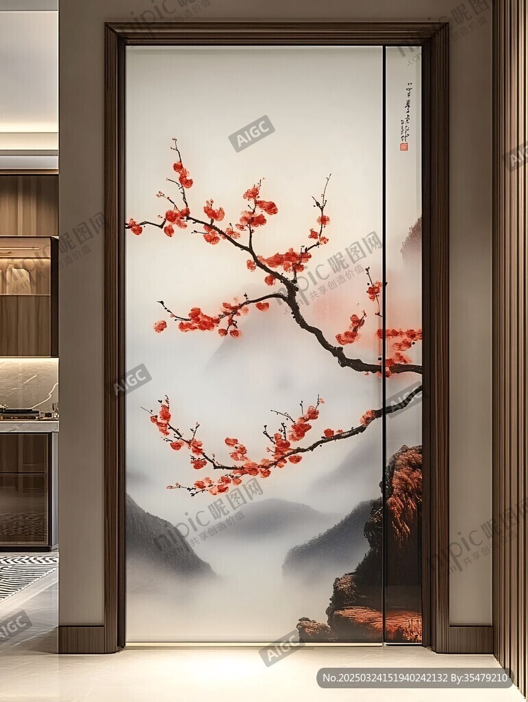 中式梅花山水移门装饰画