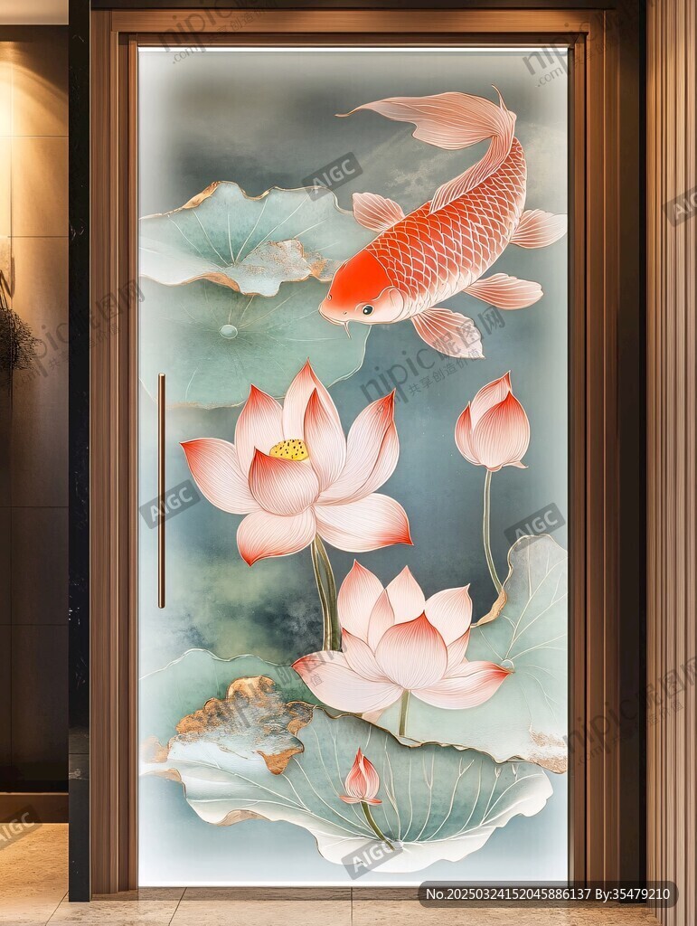 中式荷花锦鲤玄关装饰画