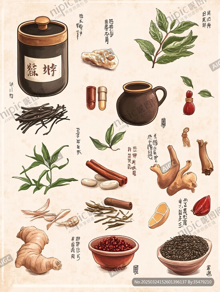传统中药材与器具展示图