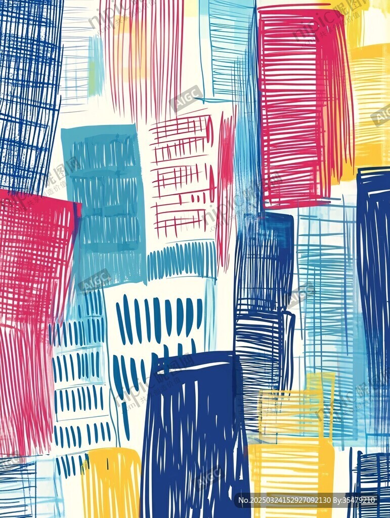 手绘多彩抽象城市建筑图