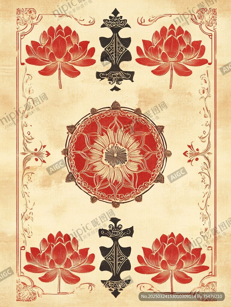 复古中式莲花纹案装饰图