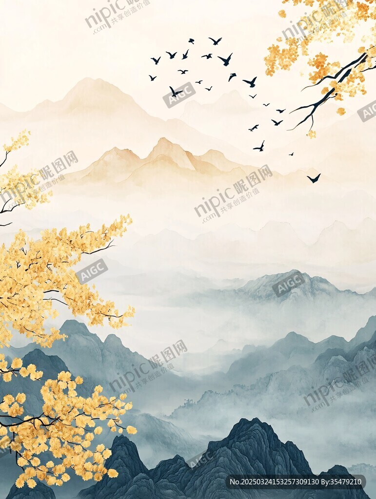 金秋山林飞鸟诗意景致