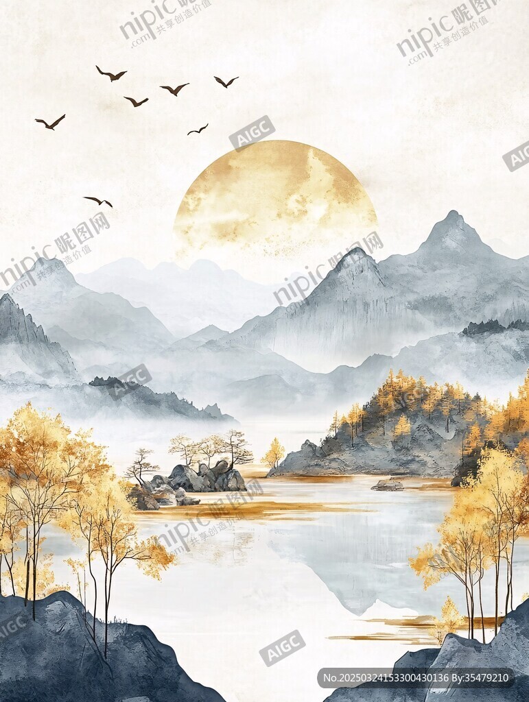金秋山水间飞鸟伴月景