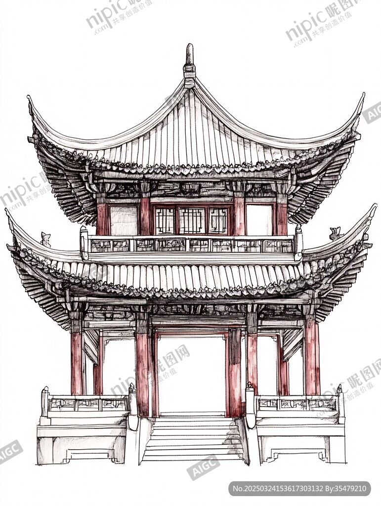 中式双层古亭手绘图