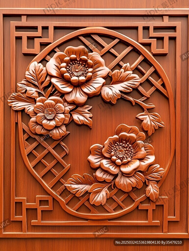 中式木雕牡丹花纹饰图案