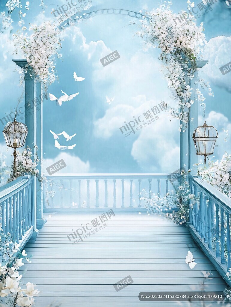 梦幻蓝色浪漫花卉拱门场景
