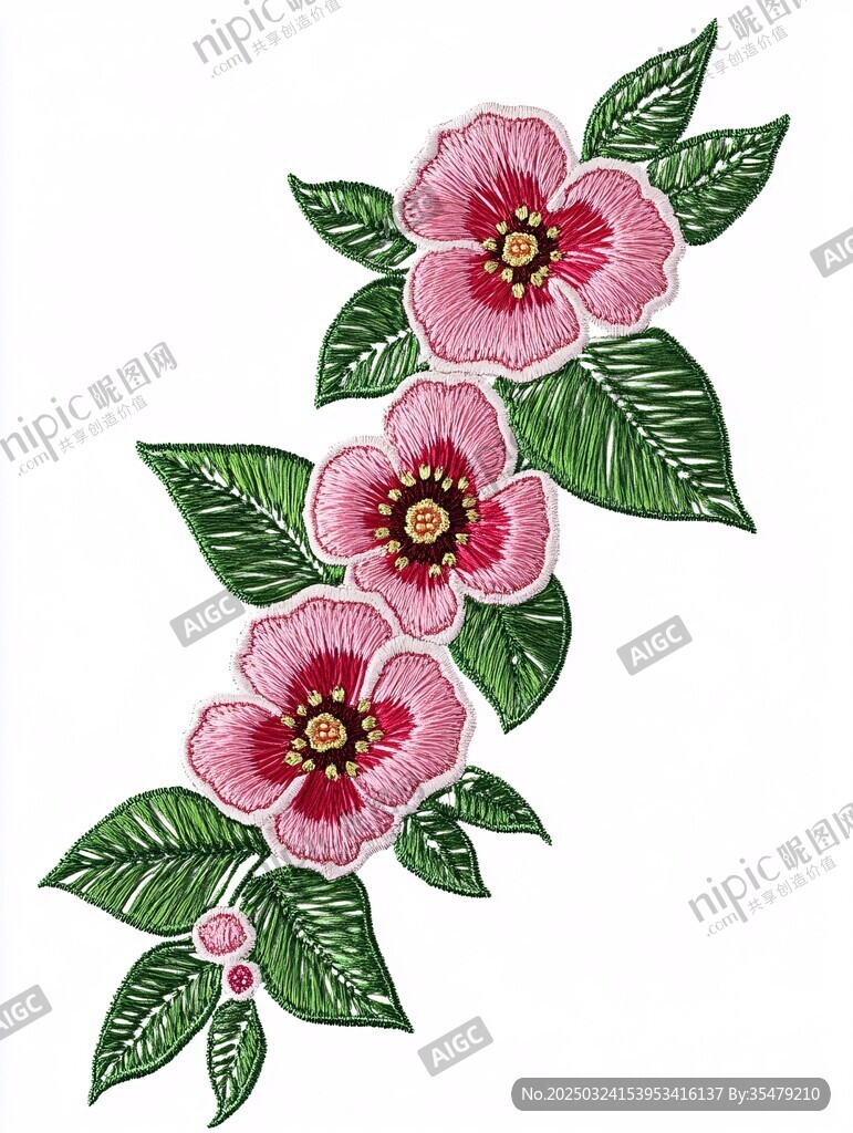粉色花朵绿叶刺绣图案