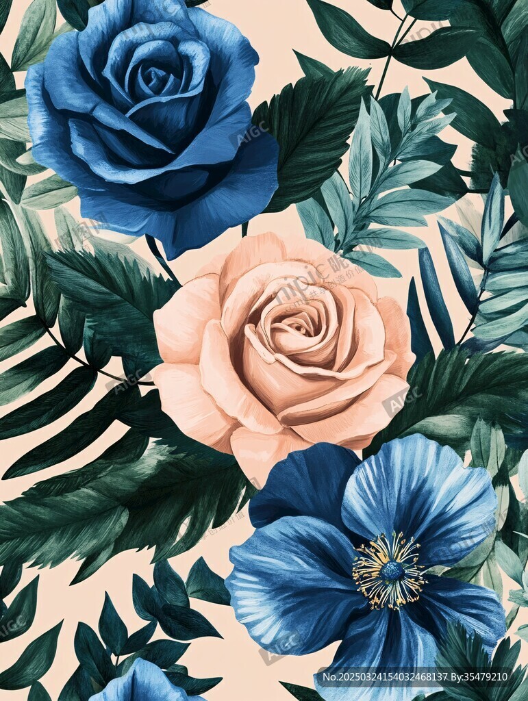 蓝粉花卉植物图案设计