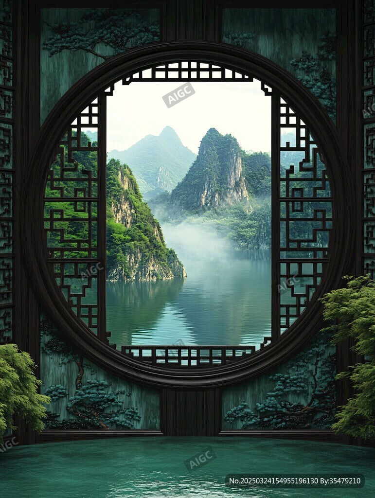 圆窗揽胜 山水墨韵中式景