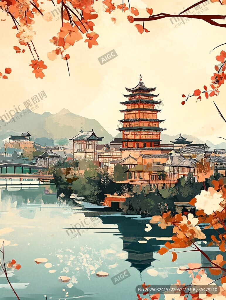 秋日湖畔古风塔楼美景