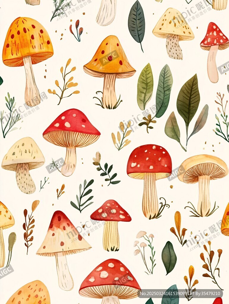 手绘蘑菇与植物图案插画