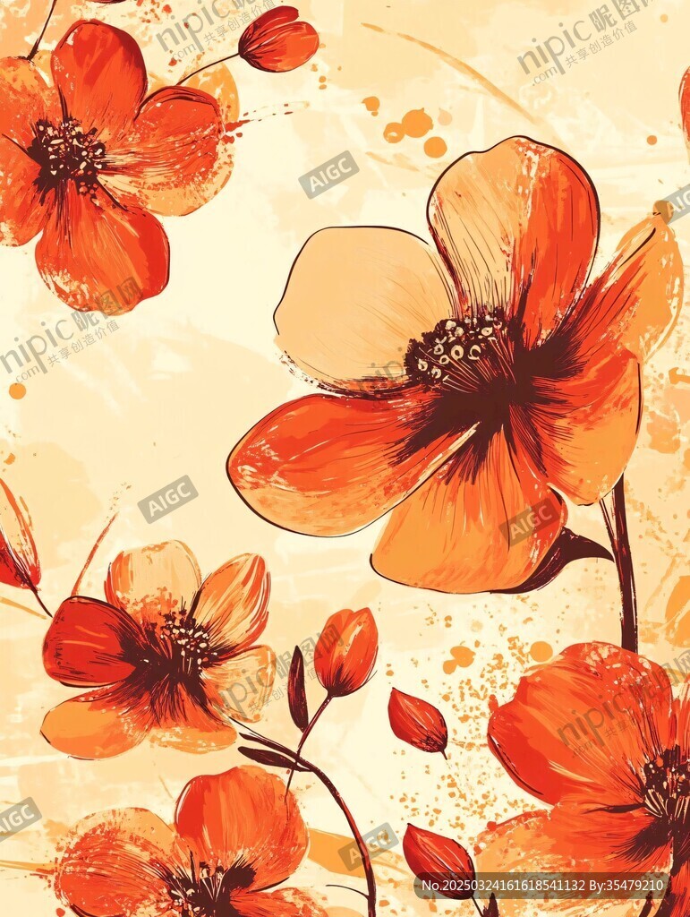 手绘橙花水彩风花卉图案