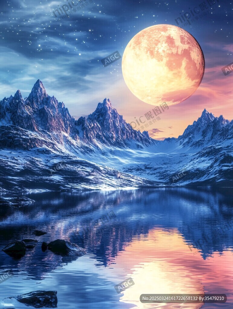 月夜雪山湖泊梦幻美景