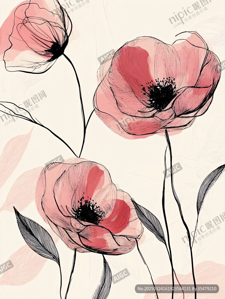 手绘粉色花卉优雅插画