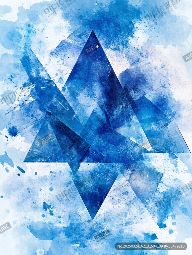 蓝色水彩几何三角抽象画